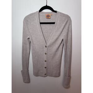 Tory Burch Ribbed Shrunken Simone Cardigan Beige/brown Sz M